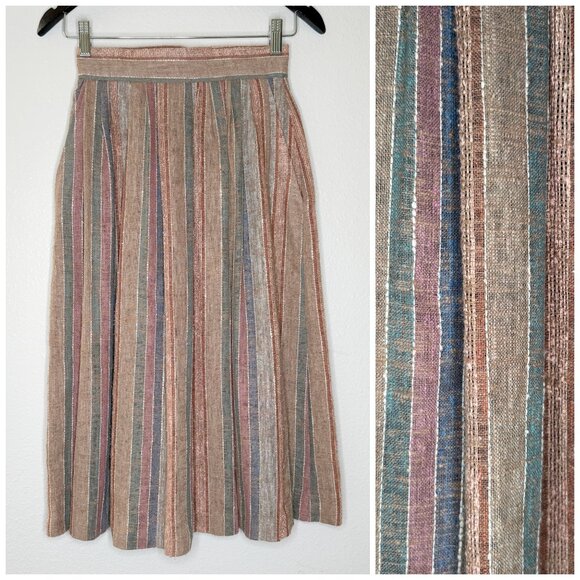 Vintage 70s Claude Brown Earthy Woven Bohemian Striped Skirt | XXS/XS - Picture 1 of 9
